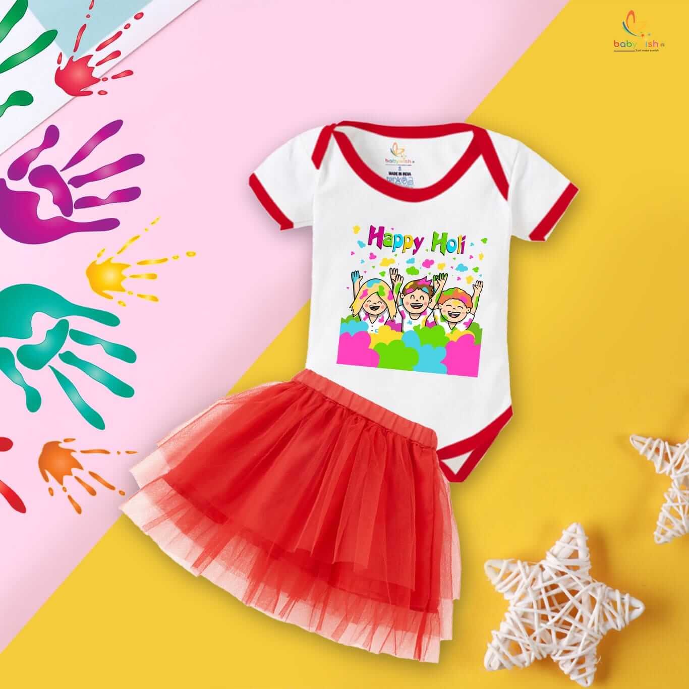 Newborn Girl’s Tutu Skirt & Romper | Holi Print Onesies Bodysuits | Baby Clothes for 0–3 Months | Soft, Comfortable, Breathable Outfit for Festivals & Everyday Wear