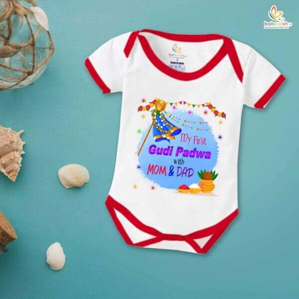 Baby First Gudi Padwa Romper Clothes Baby gudi padwa festival Bodysuits Newborn Outfit Envelop Neck Half Sleeve Unisex Onesies "First Gudi Padwa with Mom Dad" - Image 2