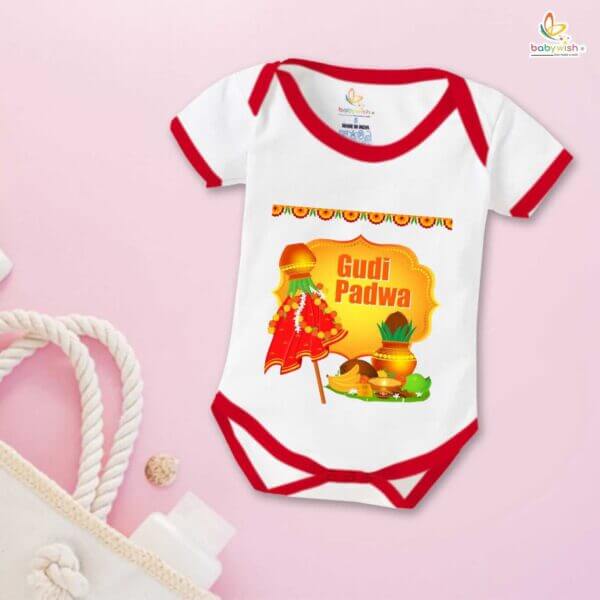 Baby First Gudi Padwa Romper Clothes Baby gudi padwa festival Bodysuits Newborn Outfit Envelop Neck Half Sleeve Unisex Onesies "Worship on Gudi Padwa Festival" - Image 2