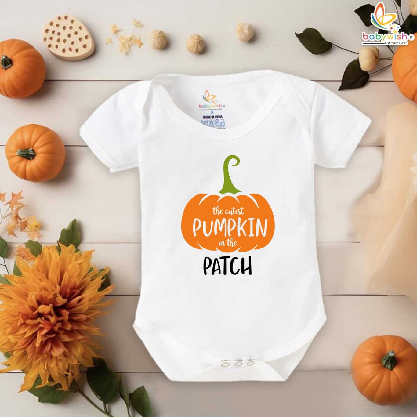 Baby Halloween Romper Bodysuit – Pumpkin Patch Print Halloween Outfit for Newborn Infant Baby Girl or Boy – Babywish