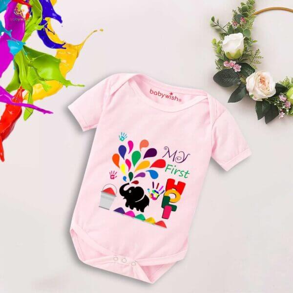 Baby First Holi Romper Clothes Baby holi festival Bodysuits Newborn Outfit Envelop Neck Half Sleeve Unisex Onesies "Elephant Print Holi" - Image 3