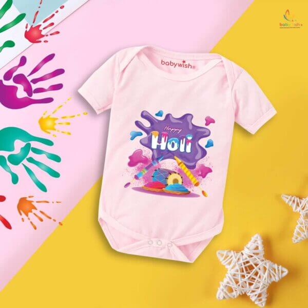 Baby First Holi Romper Clothes Baby holi festival Bodysuits Newborn Outfit Envelop Neck Half Sleeve Unisex Onesies "Flying Holi Color" - Image 3