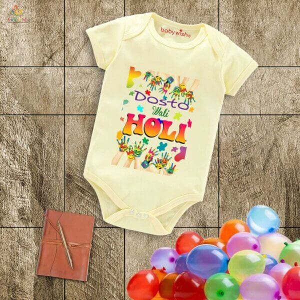 Baby First Holi Romper Clothes Baby holi festival Bodysuits Newborn Outfit Envelop Neck Half Sleeve Unisex Onesies "Friendship Holi Festivals" - Image 3