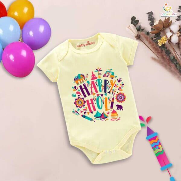 Baby First Holi Romper Clothes Baby holi festival Bodysuits Newborn Outfit Envelop Neck Half Sleeve Unisex Onesies "Happy Holi Jungle Print" - Image 2