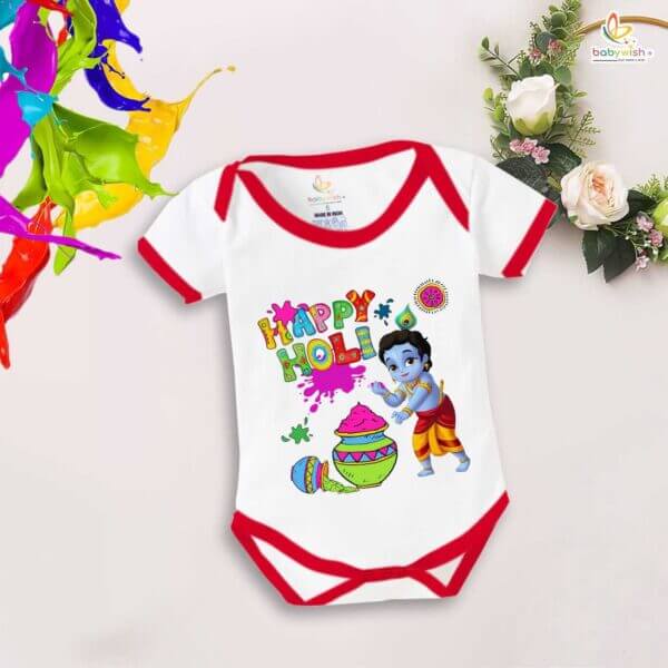 Baby First Holi Romper Clothes Baby holi festival Bodysuits Newborn Outfit Envelop Neck Half Sleeve Unisex Onesies "Holi Celebrations with Kanha" - Image 2