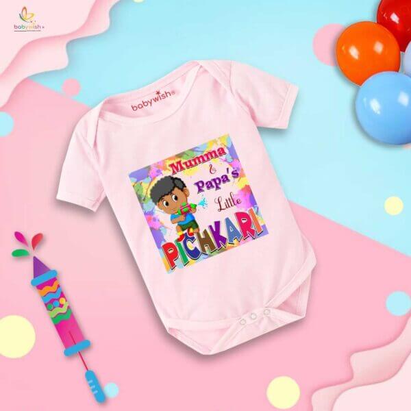 Baby First Holi Romper Clothes Baby holi festival Bodysuits Newborn Outfit Envelop Neck Half Sleeve Unisex Onesies "Boy Playing with Pichkari" - Image 3
