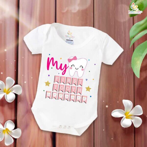 My First Tooth Romper for Baby – “My First Tooth” Milestone Bodysuit with Star Print | Soft Cotton Baby Outfit for Boys & Girls – Babywish - Image 5