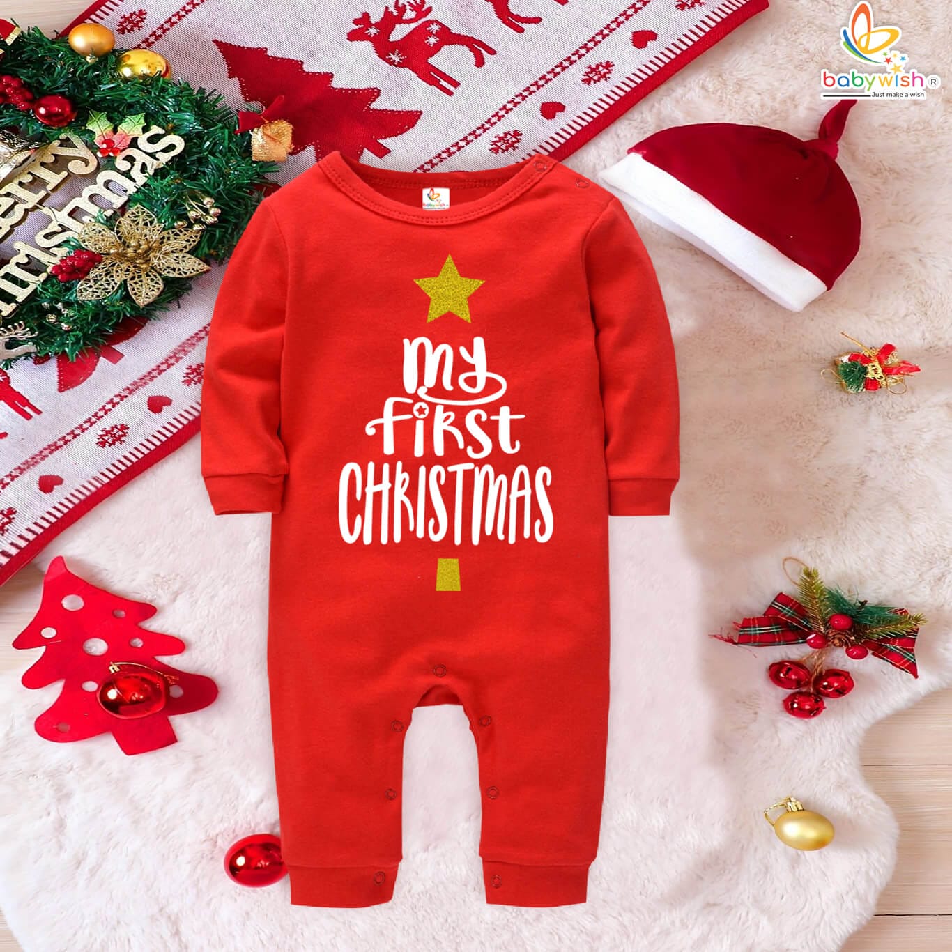 Baby Christmas Glitter Outfit – My First Christmas Glitter Print Full Sleeve Romper for Babies | Soft Cotton Festive Jumpsuit with Christmas Tree Design | Colors: Red & Black | Size 0–12 Months | Babywish