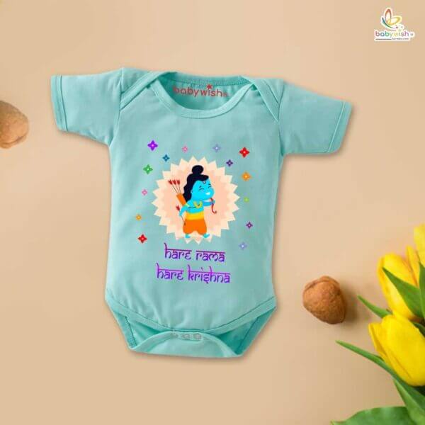 Baby First Ramnavmi Romper Onesies Clothes Baby Navratri festival Bodysuits Newborn Outfit Envelop Neck Half Sleeve Unisex Onesies" Hare Rama Hare Krishna " - Image 3