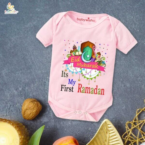 Baby First Eid Romper Clothes Baby Ramadan festival Bodysuits Newborn Outfit Envelop Neck Half Sleeve Unisex Onesies " It's My First Ramadan " - Image 3