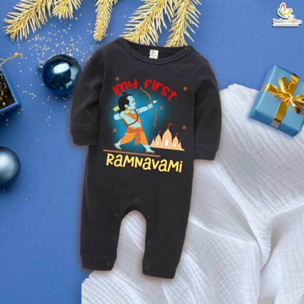 My First Ramnavmi Baby Full Bodysuit – “My First Ram Navami” Full Body Romper – Traditional Hindu Festival Outfit for Infant Boy or Girl – Newborn Ramnavmi Dress – Babywish - Image 2