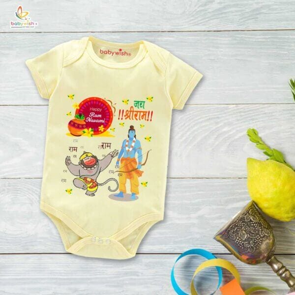 Baby First Ramnavmi Romper Onesies Clothes Baby Navratri festival Bodysuits Newborn Outfit Envelop Neck Half Sleeve Unisex Onesies" Jai Shreeram Printed " - Image 4