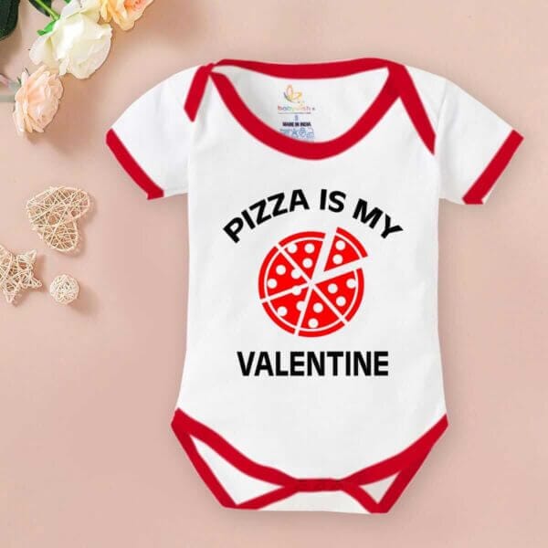 Baby First Valentine Day Romper Clothes Baby valentine Bodysuits Newborn Outfit Envelop Neck Half Sleeve Unisex Onesies"Pizza is my Valentine Day" - Image 2