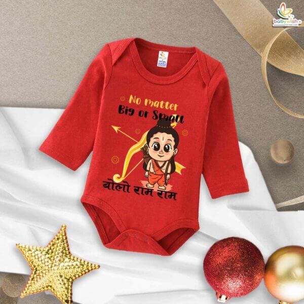 My First Ramnavmi Baby Romper – Full Sleeve Bodysuit “No Matter Big or Small, Bolo Ram Ram” – Traditional Hindu Festival Outfit for Infant Boy or Girl – Babywish - Image 2