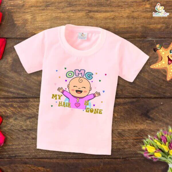 First Mundan ceremony T-shirt for Kids Clothes Unisex occasion mundan Topwear Outfit Half Sleeve for Boy n Girl | OMG My Hair is Gone | - Image 2
