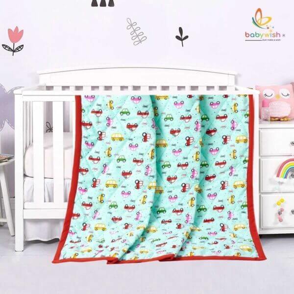 GOTS Certified Organic Cotton Baby Dohar Blanket for Newborn Soft Crib All Seasons Quilt for Microfiber Giftset - Light Blue Vehicles Print