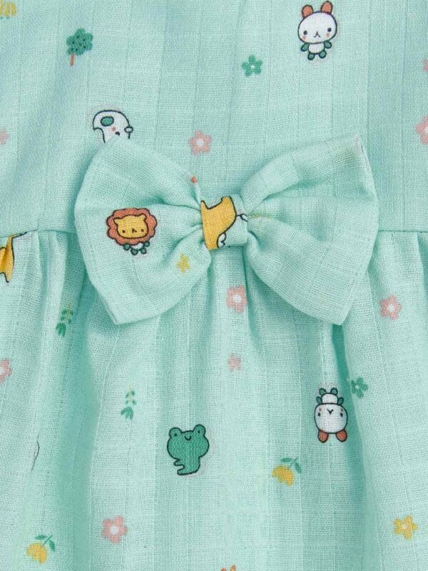Babywish Baby Girl Organic Muslin Frock Newborn Girl Knee Length Dress Multi Theme Printed Lion Print Sea Green - Image 3