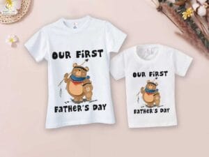 Fathers Day Special Combo White T-Shirts Sets for Father and KId Combo Pack of 2 | Our First Father's Day Bear Print|