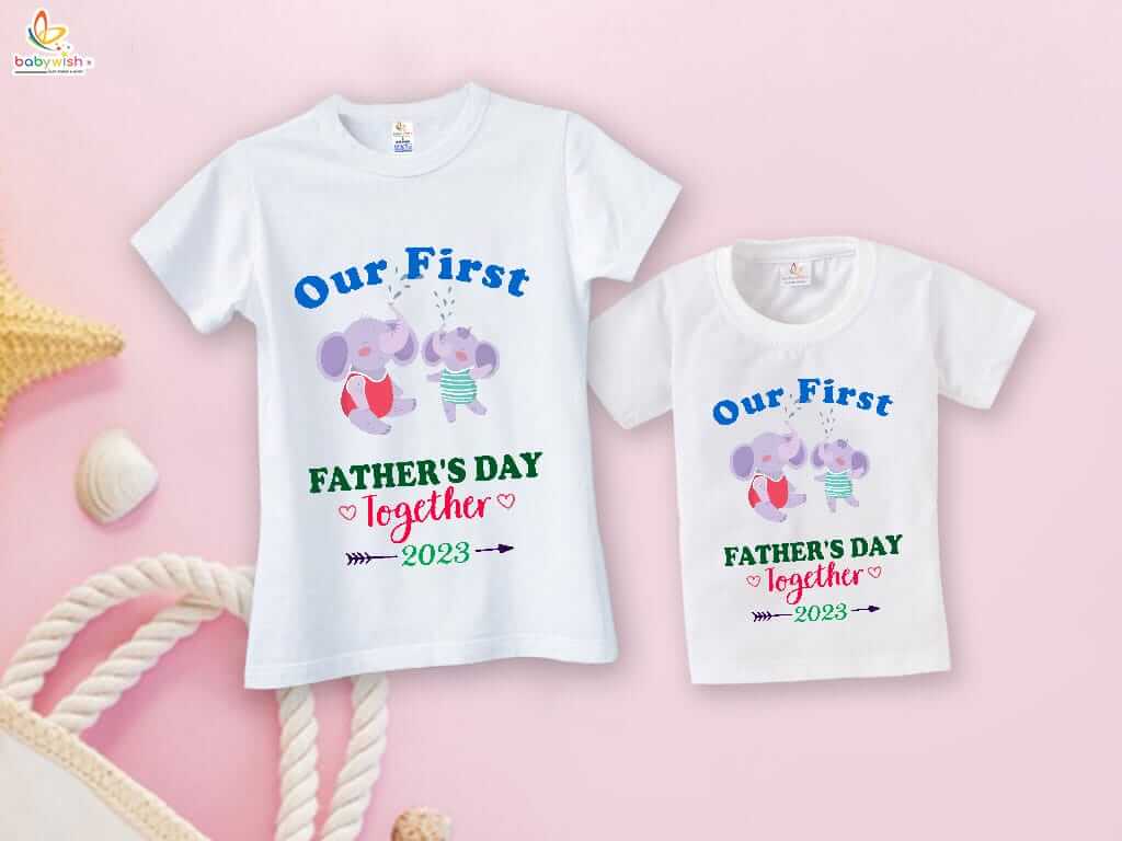 Fathers Day Special Matching T-Shirts Set for Father and Kid - Our First Father’s Day Together 2023 - Elephant Print - Combo Pack of 2 | Adorable Gift - Babywish