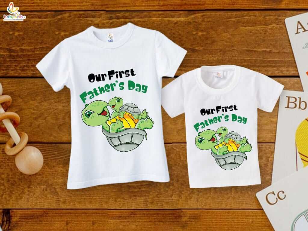 Fathers Day Special Matching T-Shirts Set for Father and Kid - Our First Father’s Day Tortoise Print - Combo Pack of 2 | Cute Family Gift Set - Babywish