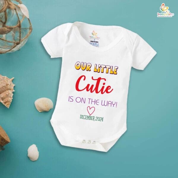 Pregnancy Announcement Baby Romper – Our Little Cutie Is On The Way Bodysuit – Cute Baby Reveal Outfit for Newborn Girl or Boy – Babywish - Image 2