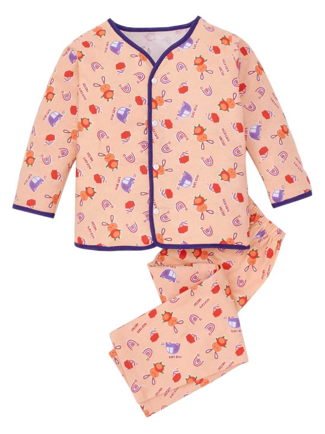 Kids Top Bottom Baby Jhabla Set – Full Sleeve Pure Flannel T-shirt & Pajama Set for Babies, Peach Nice Car Vector Print, Soft, Warm & Comfortable Outfit for Boys & Girls