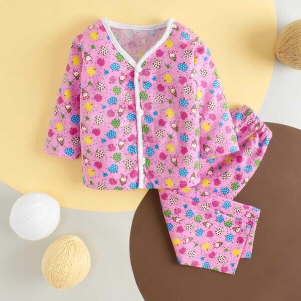 kids top bottom baby Jhabla Set Full Sleeve Pure Flannel kids tshirt Jhabla pajama set - Pink Flannel Fruits Print