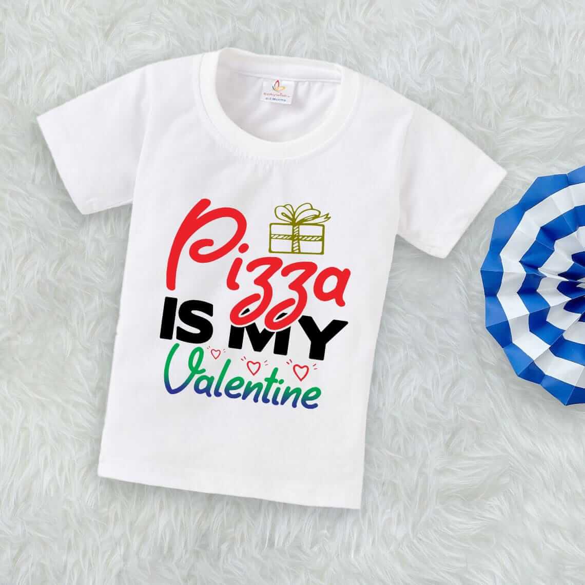 Valentine’s Day T-shirt for Kids | Unisex Valentine Topwear Outfit | Printed Half Sleeve T-shirt Dress for Boys & Girls “Pizza is my Valentine” | Cute Gift for Kids
