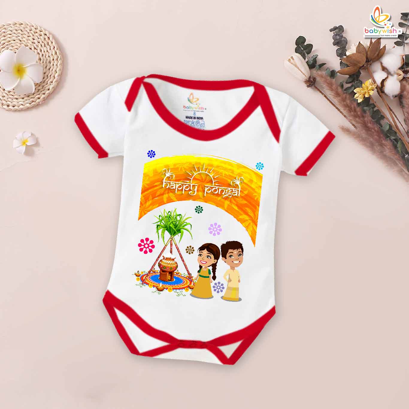 Pongal Floral Print My First Pongal Romper | Cute Newborn & Infant Bodysuit for Pongal Celebration | Baby Pongal Romper for Boys & Girls – Babywish