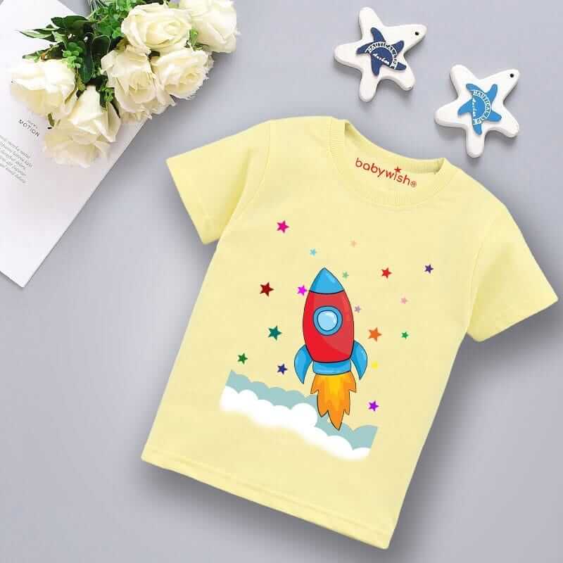 Printable Family T-shirt for Kids Clothes – Unisex Newborn Topwear Outfit, Cotton Half Sleeve Round Neck Dress for Boys & Girls “Space Ship Print”