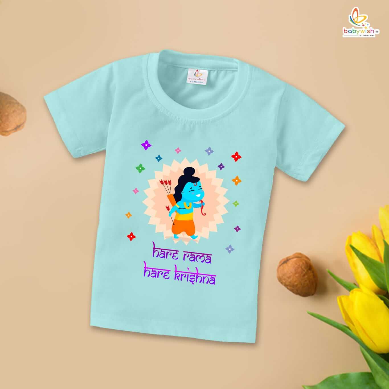 Ram Navmi T-shirt for Kids | Hare Rama Hare Krishna Printed Unisex Topwear | Half Sleeve Cotton Outfit Dress for Boys & Girls | Comfortable Festive Navratri Wear