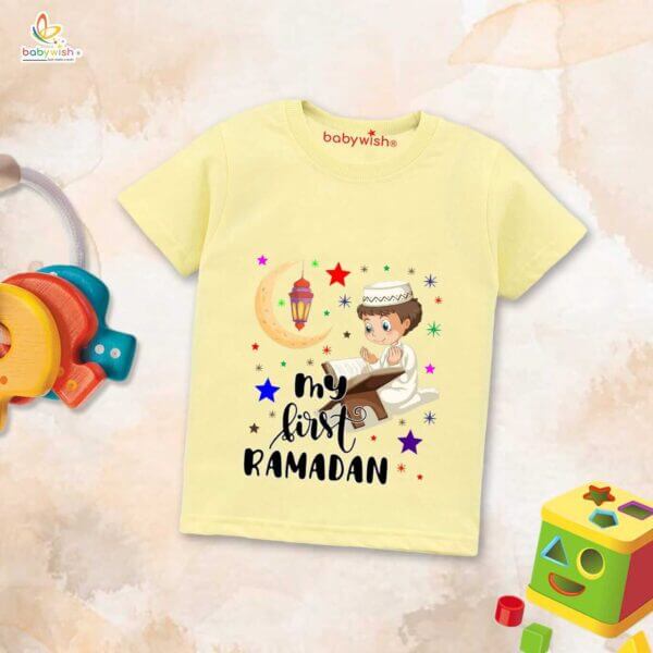 Eid T-shirt for Kids Unisex Ramadan Topwear Outfit Printed Half Sleeve Tshirt Dress for Boy n Girl " My First Ramadan Coloring Romper " - Image 4