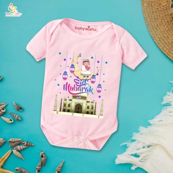 Baby First Eid Romper Clothes Baby Ramadan festival Bodysuits Newborn Outfit Envelop Neck Half Sleeve Unisex Onesies " Eid Mubarak Taj Mahal Print " - Image 4