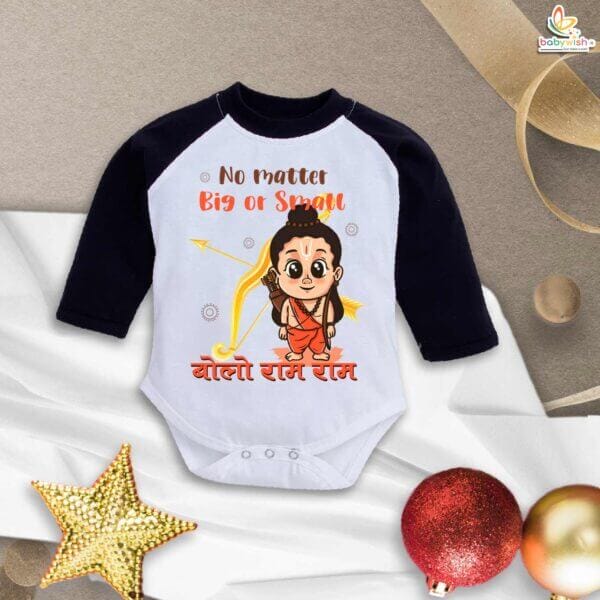 My First Ramnavmi Baby Romper – Full Sleeve Bodysuit “No Matter Big or Small, Bolo Ram Ram” – Traditional Hindu Festival Outfit for Infant Boy or Girl – Babywish - Image 3