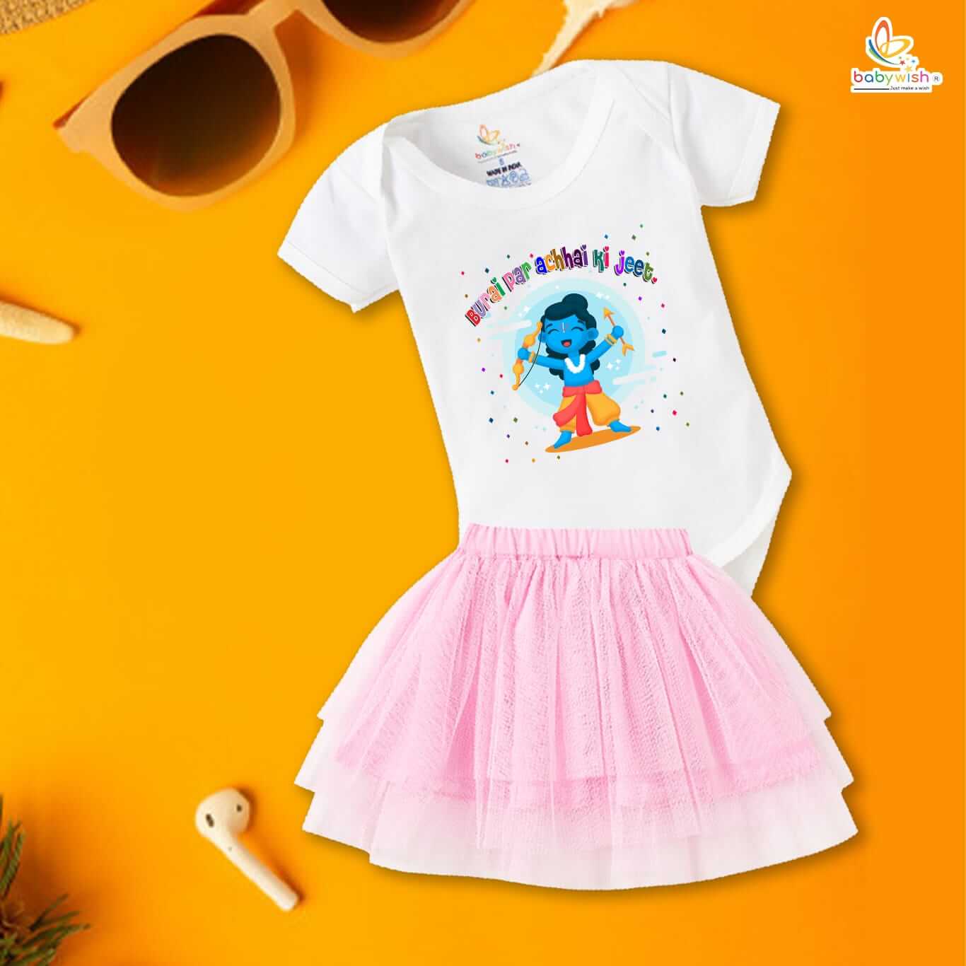 Ramnavmi Festivals Newborn Girl's Tutu Skirt & Romper | Baby Girl Navratri Outfit | Printed Cotton Onesies Bodysuit Dress for Infant Girls | Traditional Festive Baby Wear