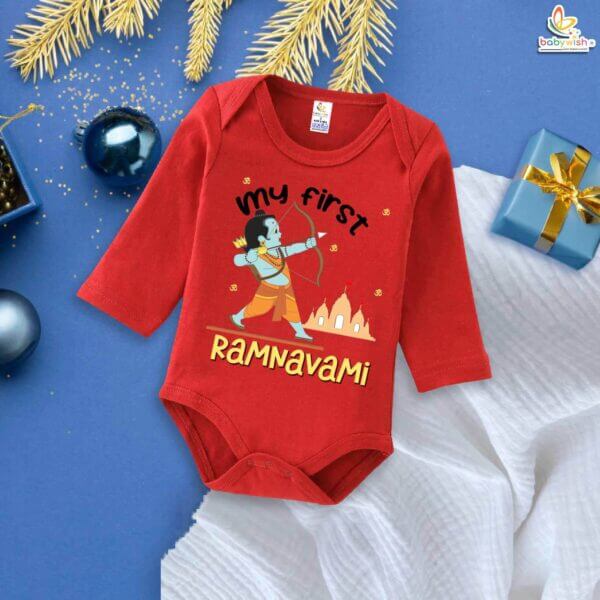 My First Ramnavmi Baby Romper – Full Sleeve Bodysuit “My First Ram Navami” – Traditional Festival Outfit for Infant Boy or Girl – Hindu Ramnavmi Celebration Dress – Babywish - Image 2