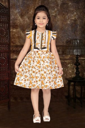 Girl Dress Knee Length Frock Floral Prints Girls Flutter Wings Halfsleeve Dress Girls Cotton Bottom Lace Frock Topwear - Scarlet Rose Print