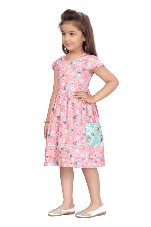 Girl Dress Knee Length Frock Floral Prints Girls Flutter Wings Sleeveless Dress two side pocket Girls Cotton Frock Topwear - All Over Floral Print - Image 4