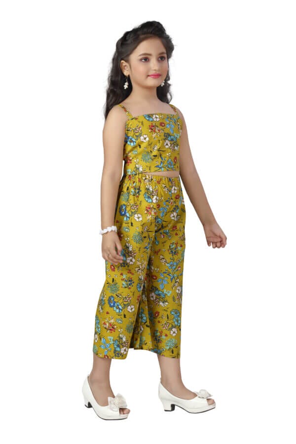 Girl Dress Full Length Check Frock Floral Prints Girls Sleeveles Two Piece Wedding Party Dress Top Bottom Off Sholder - Water Lily Floral - Image 3