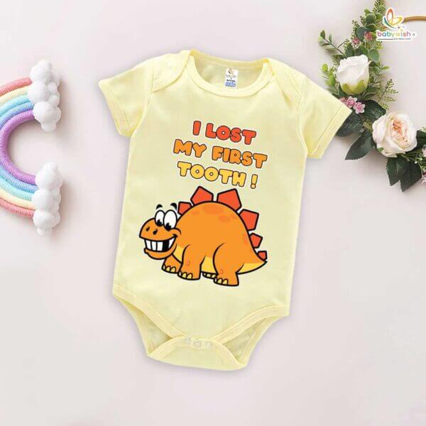 I Lost My First Tooth Baby Romper – Dino Print Milestone Bodysuit for Boys & Girls | Soft Cotton First Tooth Outfit – Babywish - Image 3