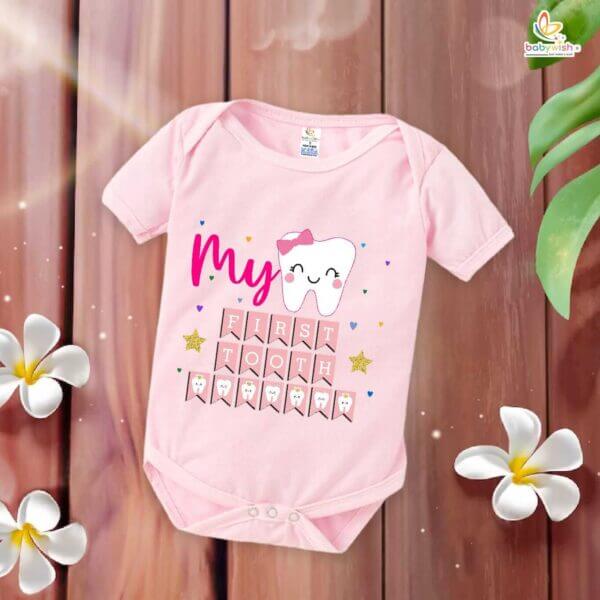 My First Tooth Romper for Baby – “My First Tooth” Milestone Bodysuit with Star Print | Soft Cotton Baby Outfit for Boys & Girls – Babywish - Image 4