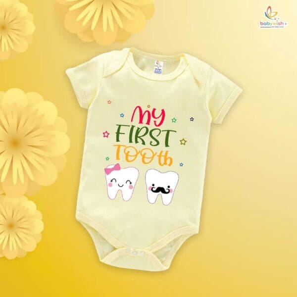 My First Tooth Baby Romper – Milestone Bodysuit with Boy & Girl Tooth Print | Soft Cotton Romper for Newborns & Infants – Babywish - Image 3