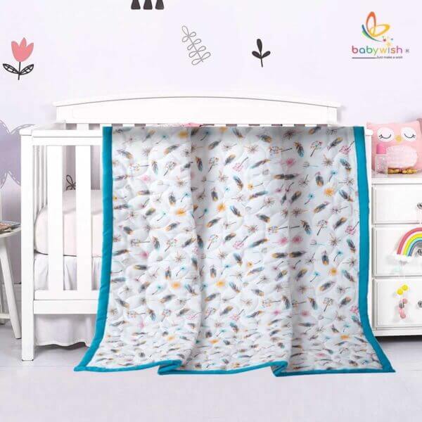 GOTS Certified Organic Muslin Baby Dohar Blanket for Newborn Soft Crib All Seasons Quilt for Microfiber Giftset - Blue Magic Feather - Image 3