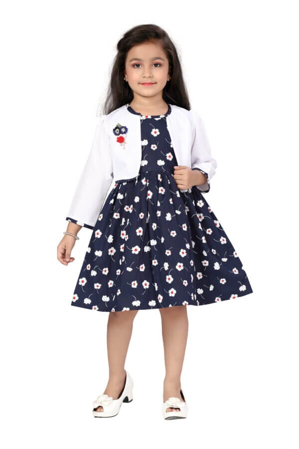 Girl Dress Knee Length Full Sleeve Floral Frock Prints cum with Jacket Girls Wedding Party Dress - Floral Print Jacket Frock - Image 4