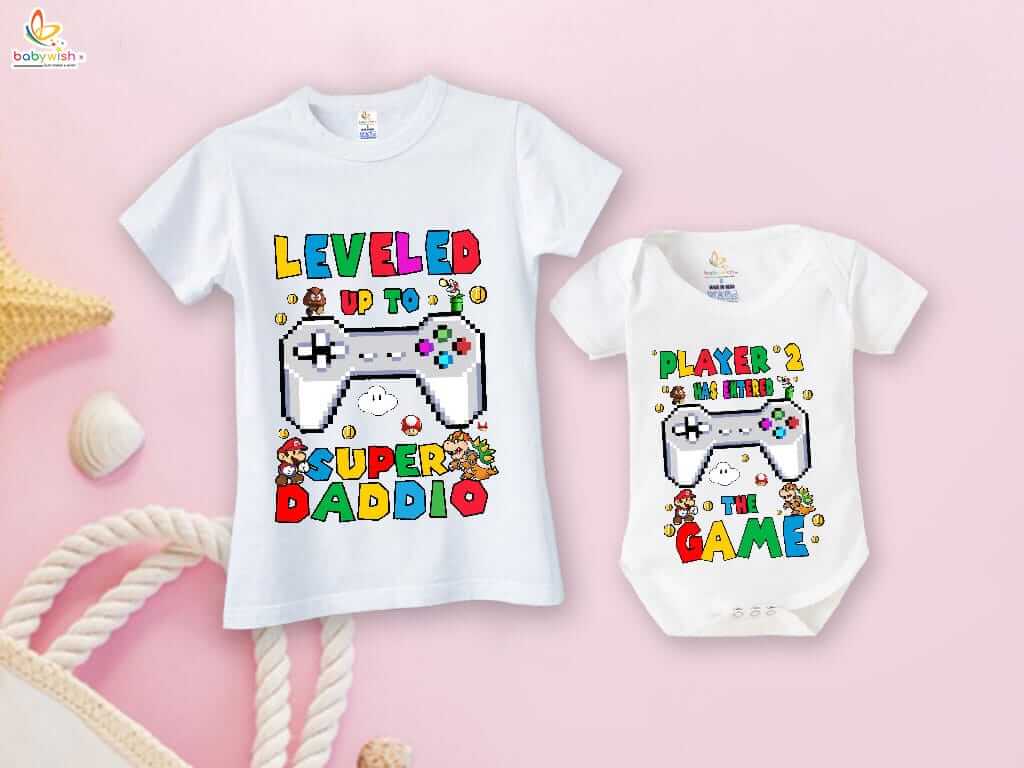 Father’s Day Special Combo White T-Shirts & Romper Set for Father and Baby | Leveled Up to SUPER DADDIO Matching Outfit Gift Pack of 2 for Dad & Child - Babywish
