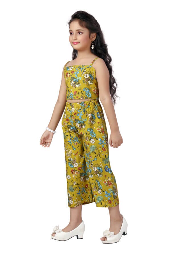 Girl Dress Full Length Check Frock Floral Prints Girls Sleeveles Two Piece Wedding Party Dress Top Bottom Off Sholder - Water Lily Floral - Image 5
