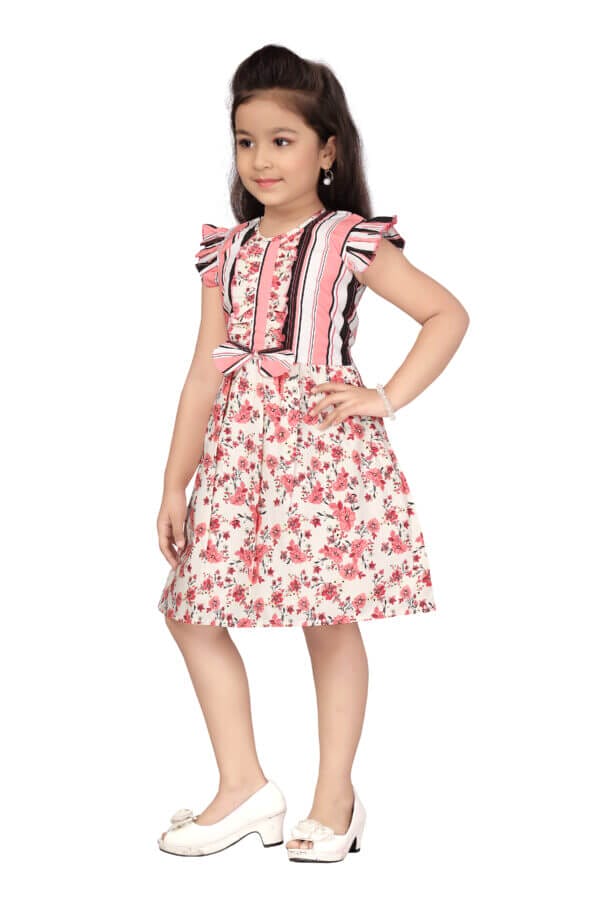 Girl Dress Knee Length Frock Floral Prints Girls Flutter Wings Halfsleeve Dress Girls Cotton Bottom Lace Frock Topwear - Scarlet Rose Print - Image 9