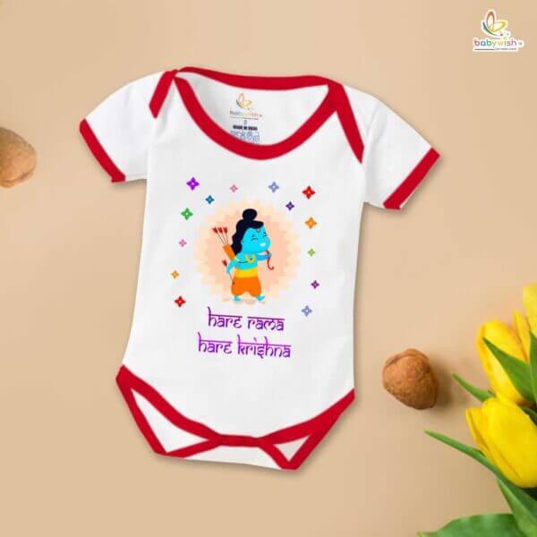 Baby First Ramnavmi Romper Onesies Clothes Baby Navratri festival Bodysuits Newborn Outfit Envelop Neck Half Sleeve Unisex Onesies" Hare Rama Hare Krishna " - Image 5