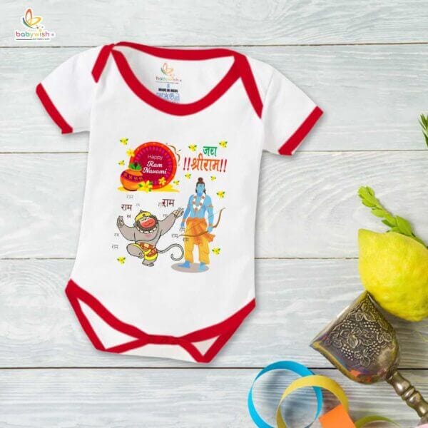 Baby First Ramnavmi Romper Onesies Clothes Baby Navratri festival Bodysuits Newborn Outfit Envelop Neck Half Sleeve Unisex Onesies" Jai Shreeram Printed " - Image 5