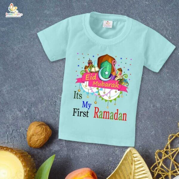 Eid T-shirt for Kids Unisex Ramadan Topwear Outfit Printed Half Sleeve Tshirt Dress for Boy n Girl " It's My First Ramadan " - Image 3